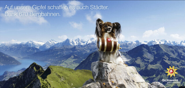Plakatwerbung, die einen Papillon-Hundmit einem grossen Bernhardiner-Fass zeigt. Der Hund sitzt auf einem Berggipfel und im Hintergrund sind Schweizer Berge zu sehen. Die Headline lautet: Auf unsere Gipfel schaffen es auch Städter. Dank 670 Bergbahnen.